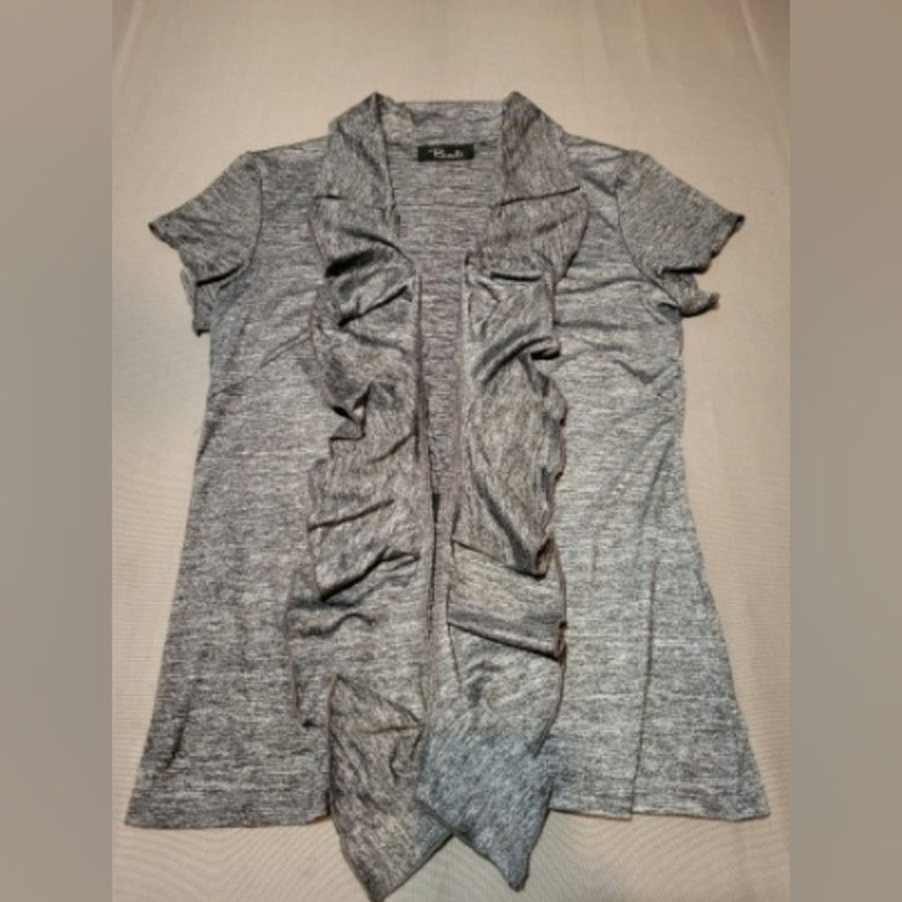 Bali Grey Ruffled Short Sleeved Open Blazer Blouse 🌿 Size Medium